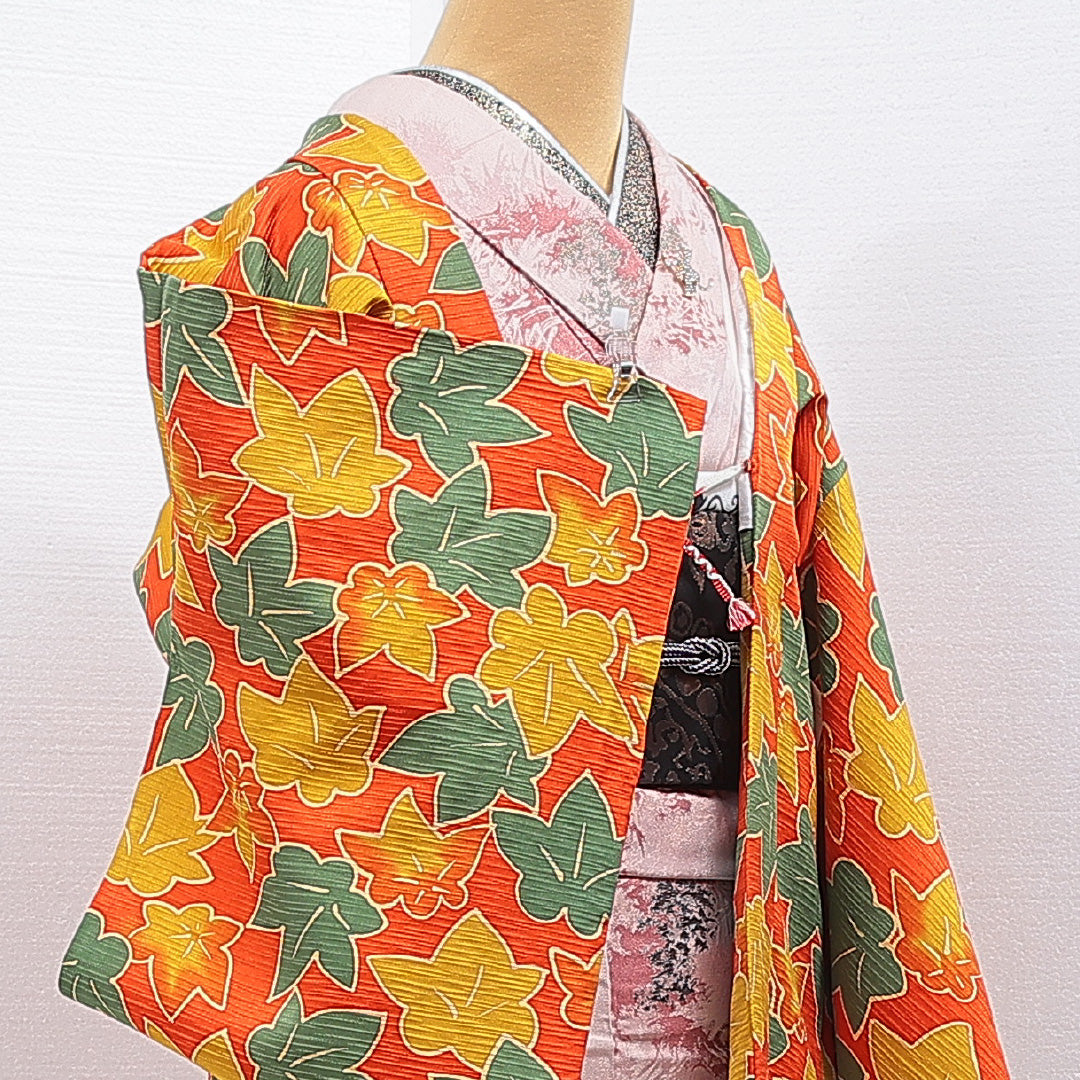 羽織 袷 身丈75cm 裄丈62cm 正絹 Sランク カジュアル Sサイズ 紐あり 紅葉 楓 朱系 RP 1232-16841