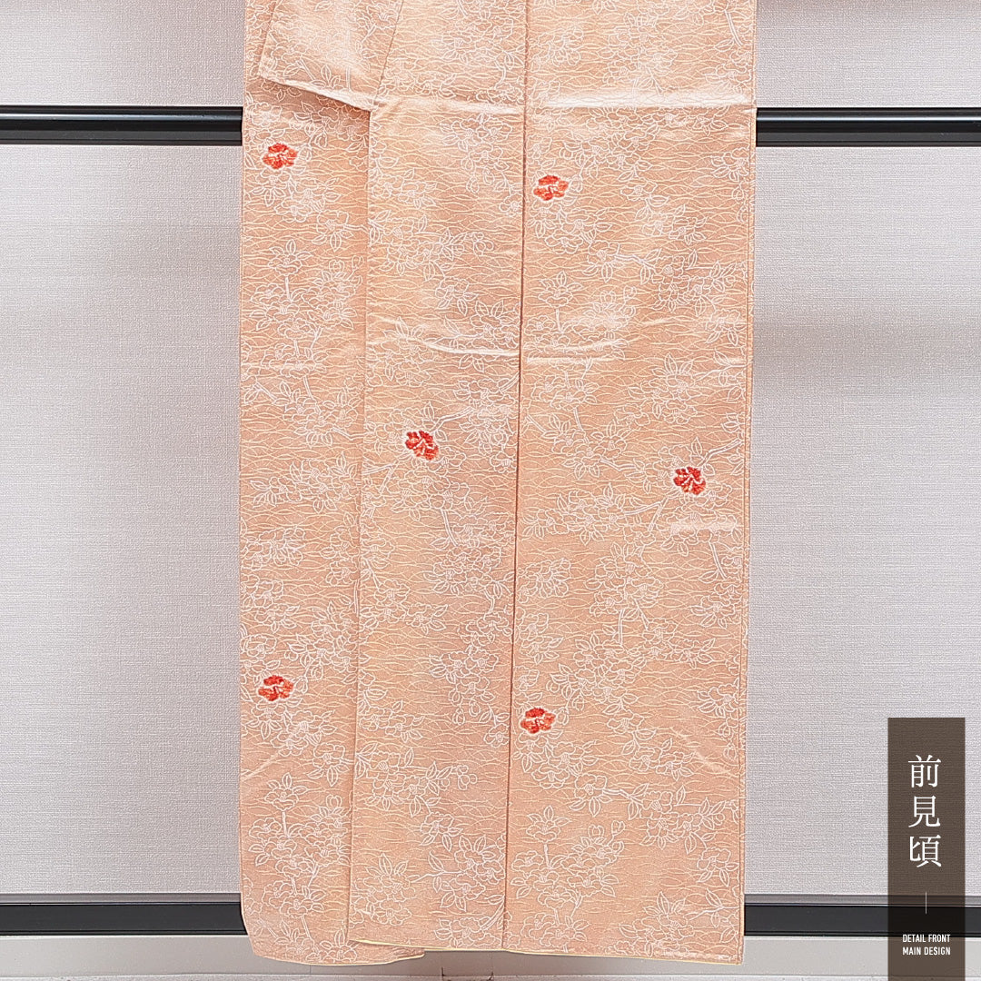 洗える着物 小紋 袷 身丈156cm 裄丈62cm ポリエステル Sランク インフォーマル 広衿 Mサイズ 椿 朱系 RP 1221-16314