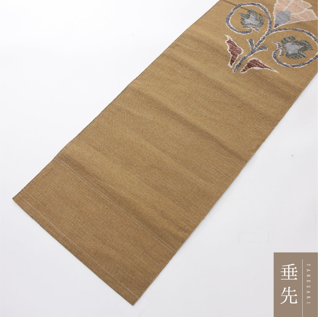 八寸名古屋帯 Aランク 帯丈333cm 正絹 ポイント柄 松葉仕立て 織り カジュアル 紬 花柄 黄系 LP 1245-04006