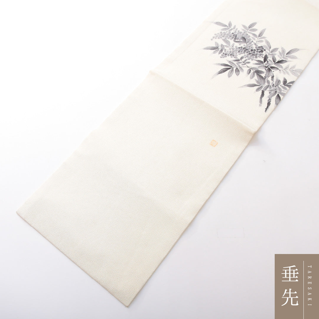 九寸名古屋帯 Cランク 帯丈359cm 正絹 ポイント柄 名古屋仕立て 染め インフォーマル ちりめん 花柄 白系 RP 1245-03739