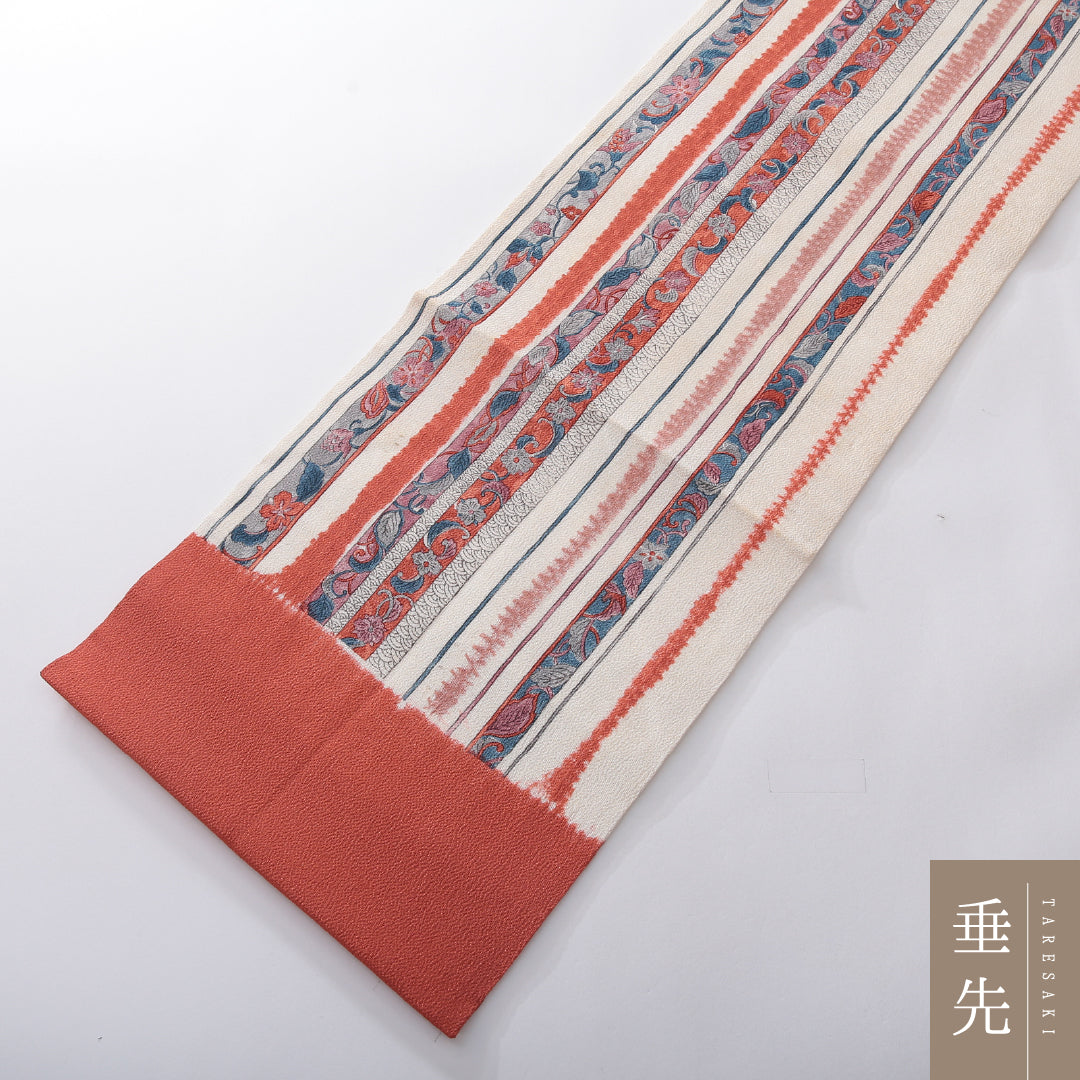 九寸名古屋帯 帯丈370cm インフォーマル 名古屋仕立て 全通 Cランク 正絹 染め帯 ちりめん 更紗 花柄 植物柄 クリーム系 1224-03907