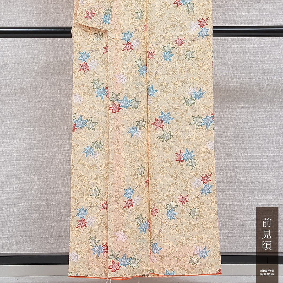 洗える着物 小紋 袷 身丈157cm 裄丈64cm ポリエステル Aランク インフォーマル 広衿 Mサイズ 紅葉 楓 黄系 RP 1221-16352