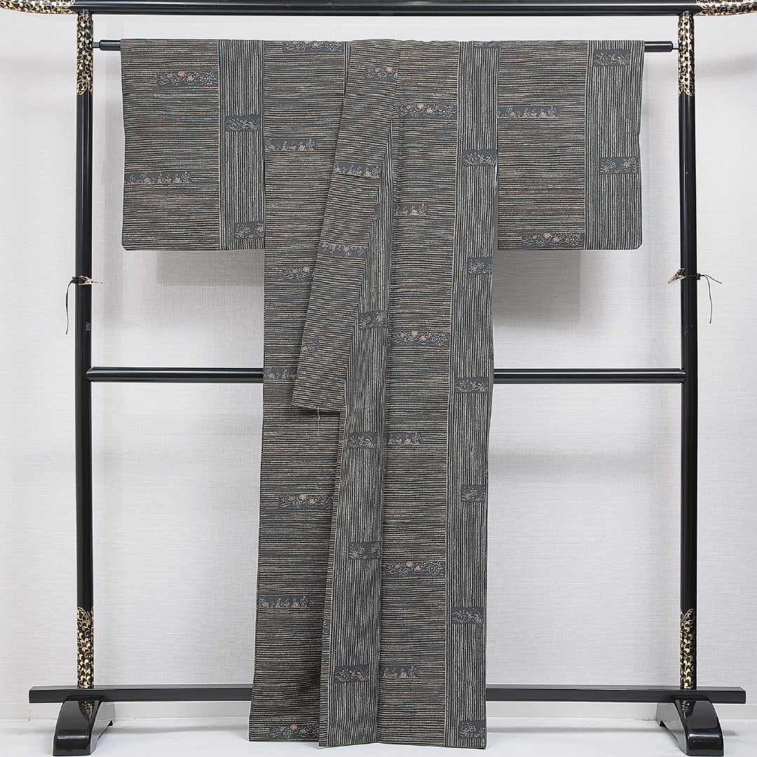 洗える着物 小紋 袷 身丈163cm 裄丈65cm ポリエステル Sランク インフォーマル 広衿 Lサイズ 花柄 緑系 RP 1221-16219