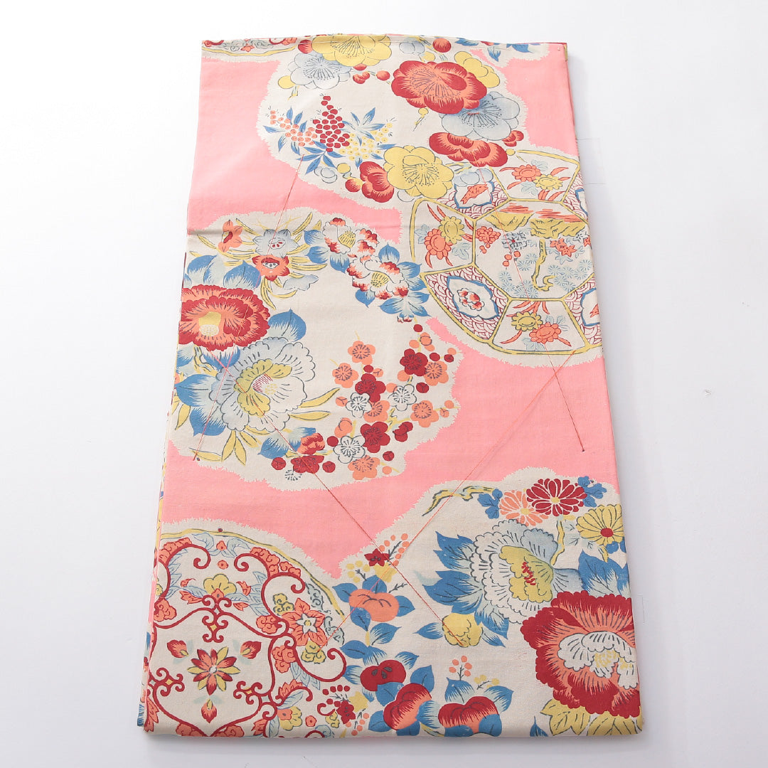 アンティーク 九寸名古屋帯 帯丈356cm 名古屋仕立て 全通 Bランク 正絹 染め帯 牡丹 ピンク系 1224-03880