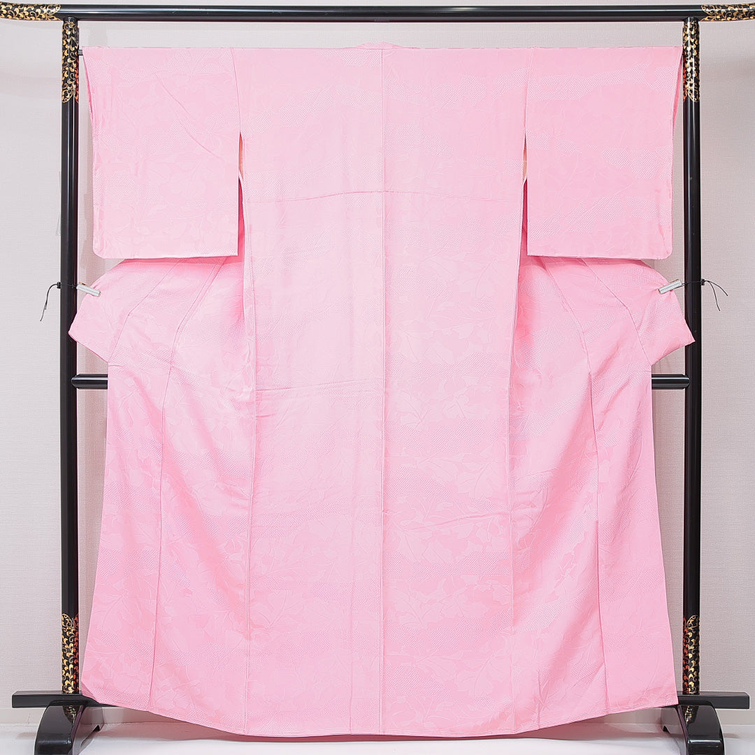 色無地 袷 身丈163cm 裄丈65cm 正絹 Aランク Lサイズ 広衿 インフォーマル 紋意匠 市松 無地 ピンク系 1214-15115