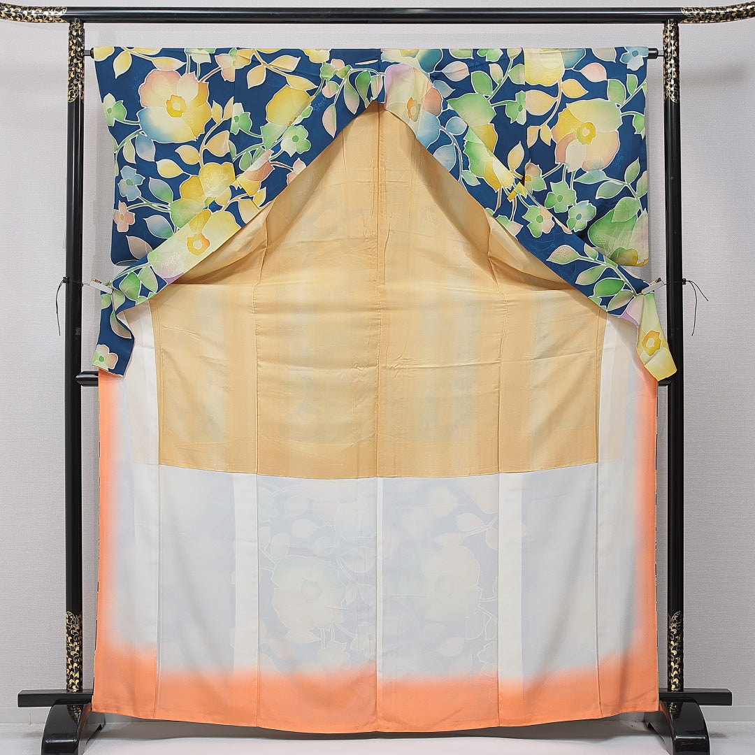 小紋 袷 身丈169cm 裄丈65cm 正絹 Sランク インフォーマル 広衿 XLサイズ 椿 紺系 RP 1221-15363