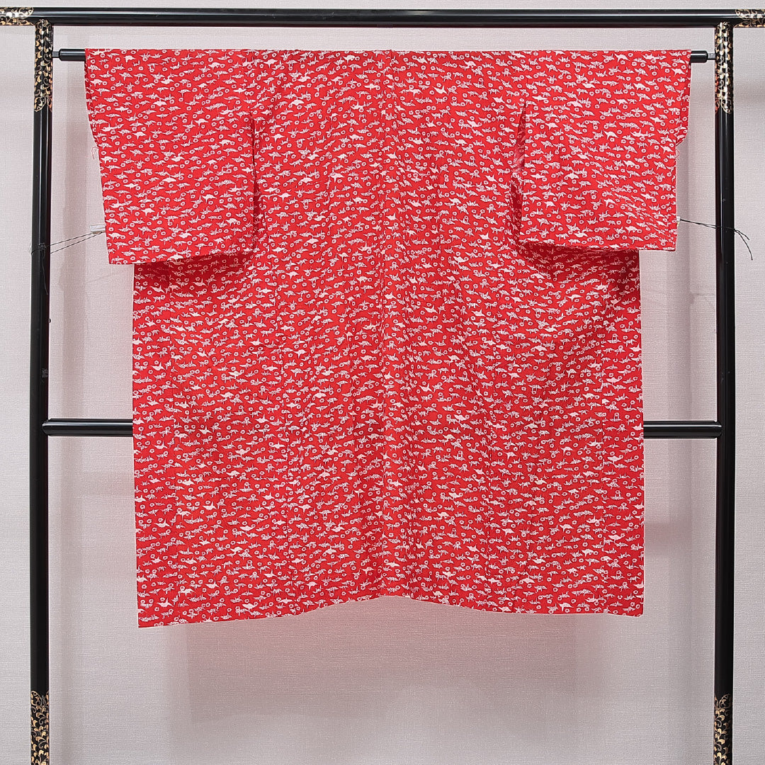 長襦袢 単衣 身丈125cm 裄丈63cm 正絹 Aランク Mサイズ バチ衿 肩当て 鶴 赤系 1229-15673