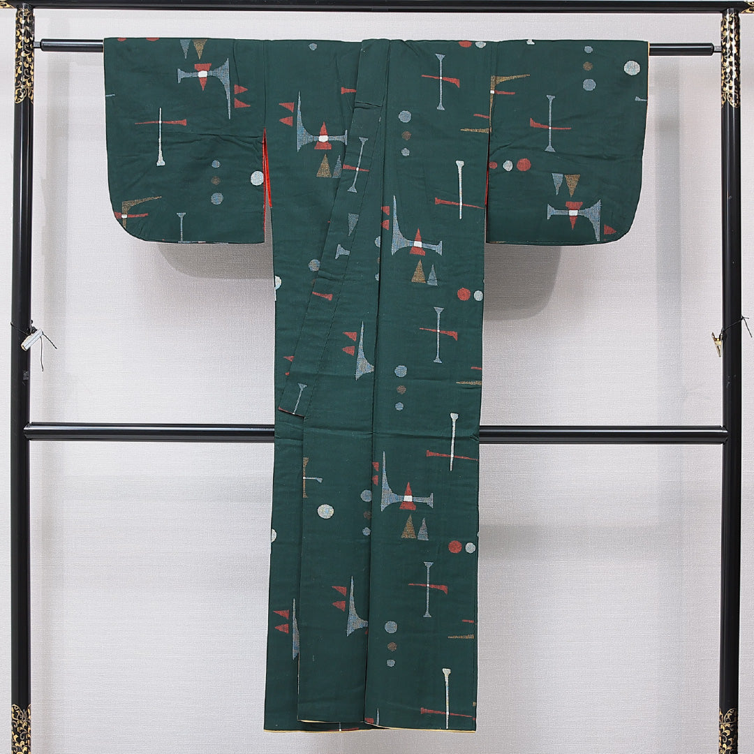 アンティーク 紬 袷 身丈136cm 裄丈61cm 正絹 Bランク バチ衿 XSサイズ 創作柄 緑系 RP 1223-16769