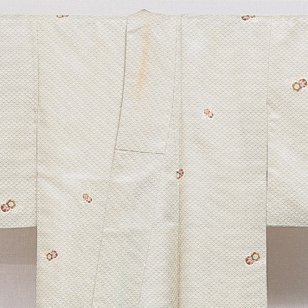 小紋 洗える着物 袷 身丈146cm 裄丈62cm ポリエステル Cランク XSサイズ 広衿 インフォーマル 鼓 青海波 緑系 1215-16316