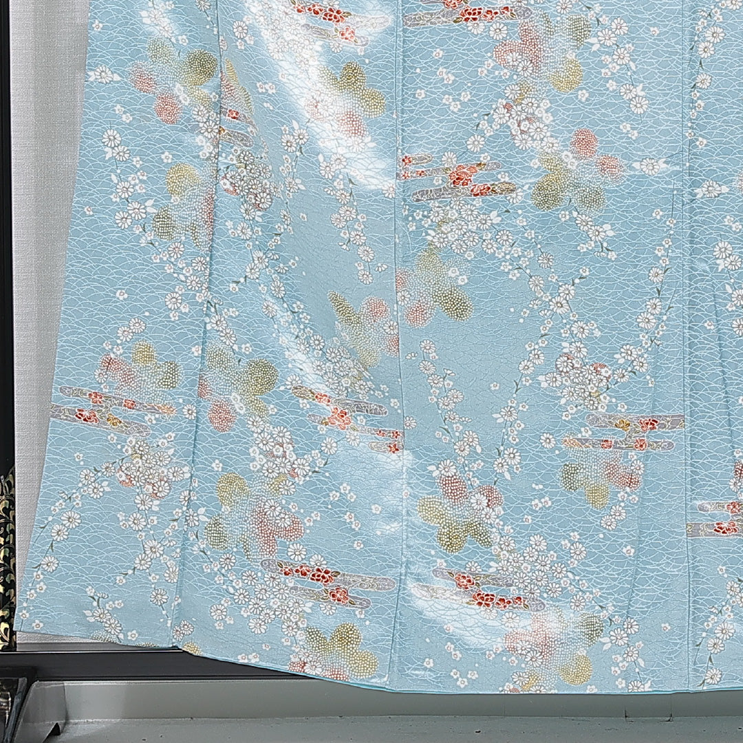 小紋 洗える着物 袷 身丈159cm 裄丈64cm ポリエステル Cランク Mサイズ 広衿 インフォーマル エ霞 梅 水色系 1215-15838