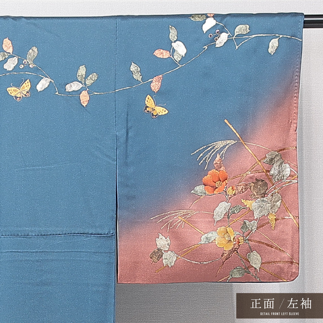 訪問着 袷 身丈168cm 裄丈66cm 正絹 Bランク セミフォーマル 広衿 XLサイズ 染色作家 松森和隆 ぼかし染 金彩 作家物 落款 椿 青系 RP 1217-15108