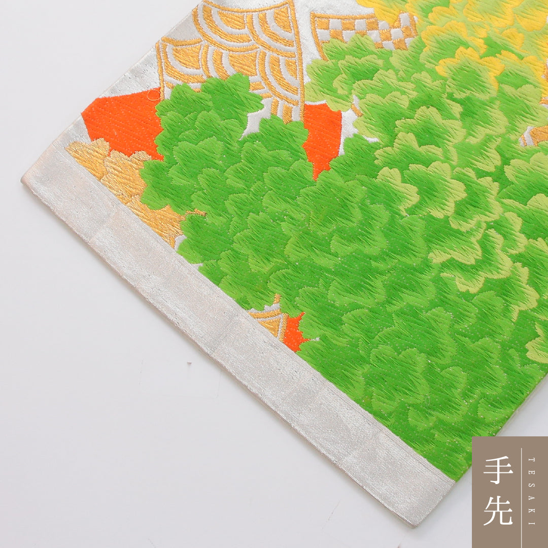 アンティーク 袋帯 帯丈416cm 六通 Aランク 正絹 唐織 古典柄 クリーム系 1223-02320