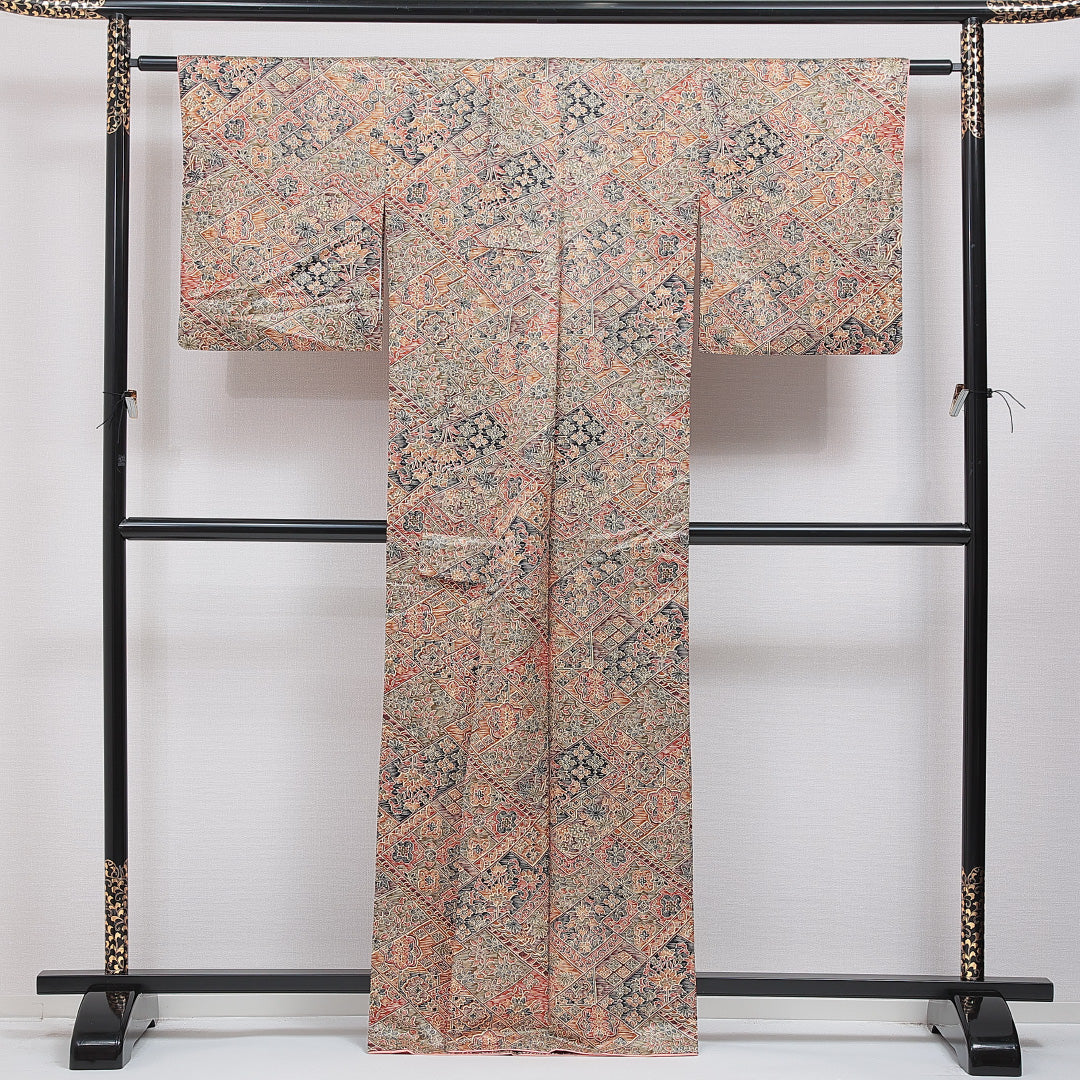 洗える着物 小紋 袷 身丈165cm 裄丈66cm ポリエステル Sランク インフォーマル 広衿 XLサイズ 鏡裏文 多色系 RP 1221-16051
