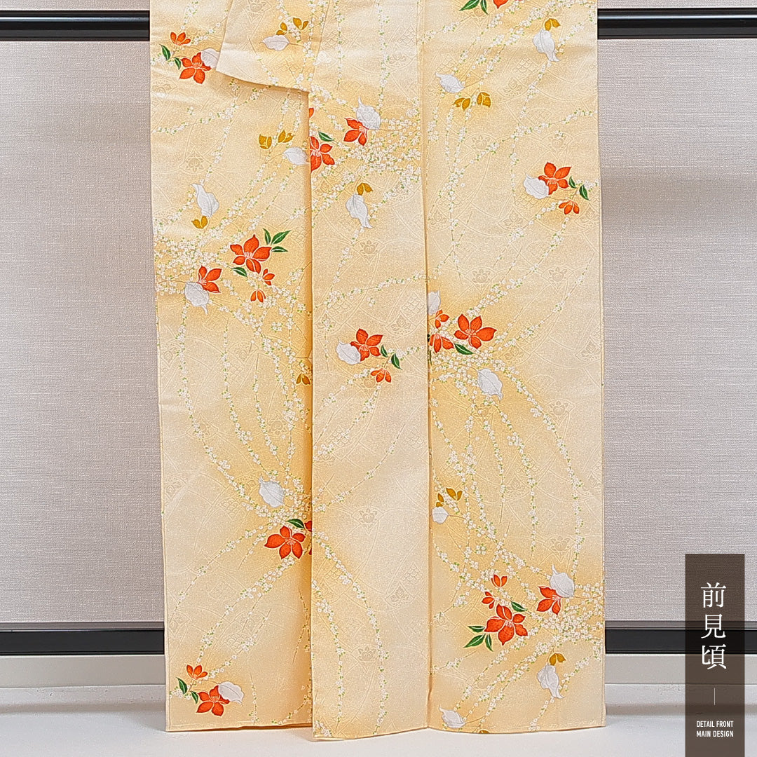 洗える着物 小紋 袷 身丈163cm 裄丈63cm ポリエステル Sランク 紋意匠 (桐) インフォーマル 広衿 Lサイズ 椿 黄系 RP 1221-16374