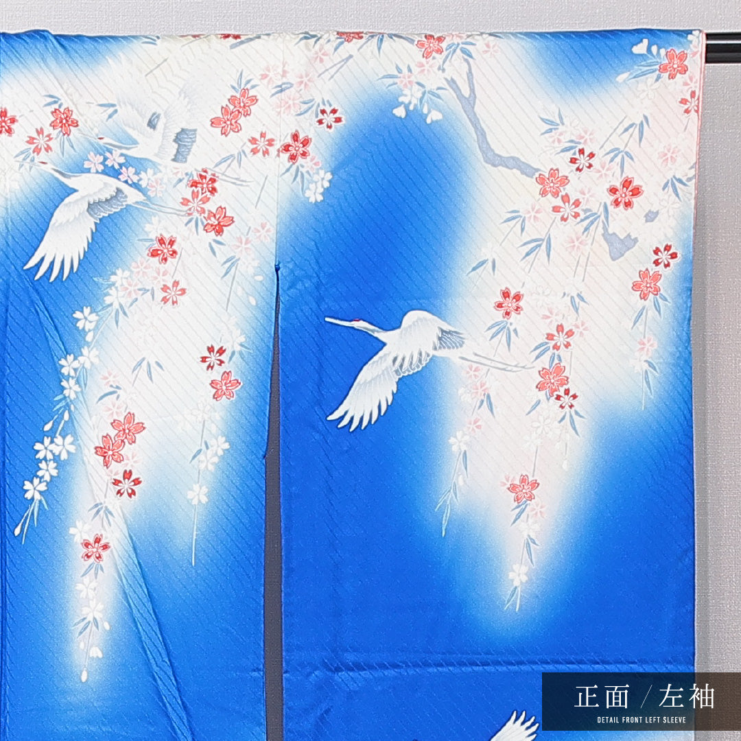 振袖 袷 身丈168cm 裄丈65cm フォーマル Cランク XLサイズ 正絹 広衿 鶴 扇 桜 1213-F0665