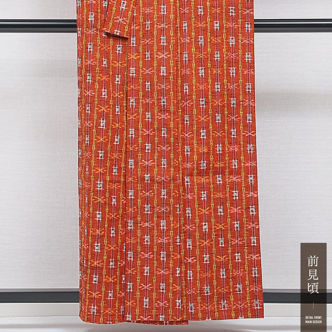 洗える着物 ウールの紬 単衣 身丈158cm 裄丈65cm ウール Sランク カジュアル バチ衿 Mサイズ 井桁 朱系 RP 1223-16073