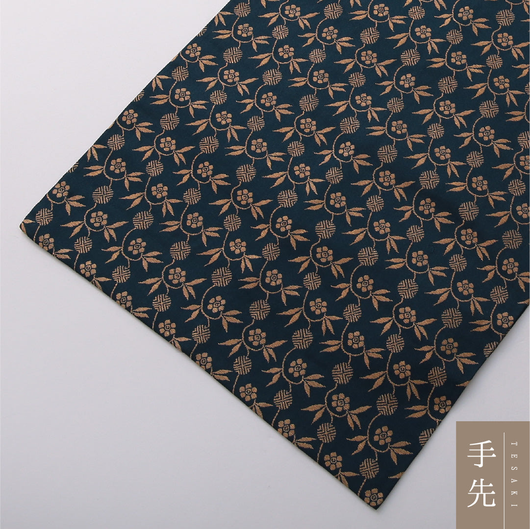 九寸名古屋帯 帯丈432cm カジュアル 開き仕立て 六通 Aランク 正絹 植物柄 紺系 1224-03516