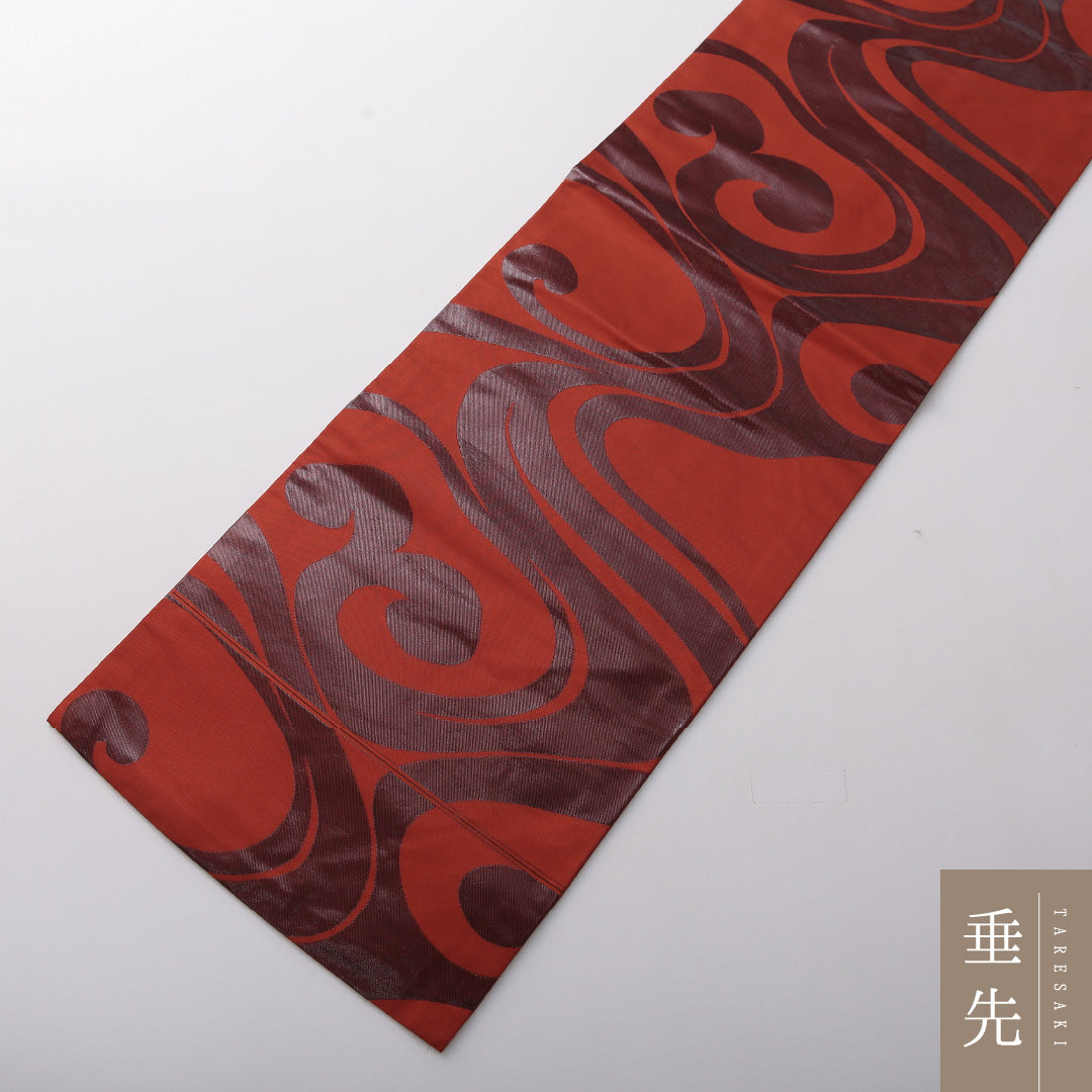 九寸名古屋帯 Sランク 帯丈357cm 正絹 六通 名古屋仕立て 織り カジュアル 流水 朱系 LP 1245-03561