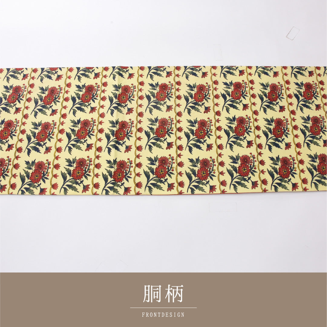 九寸名古屋帯 Cランク 帯丈378cm 正絹 全通 開き仕立て 染め カジュアル 紬 花柄 黄系 RP 1245-04139