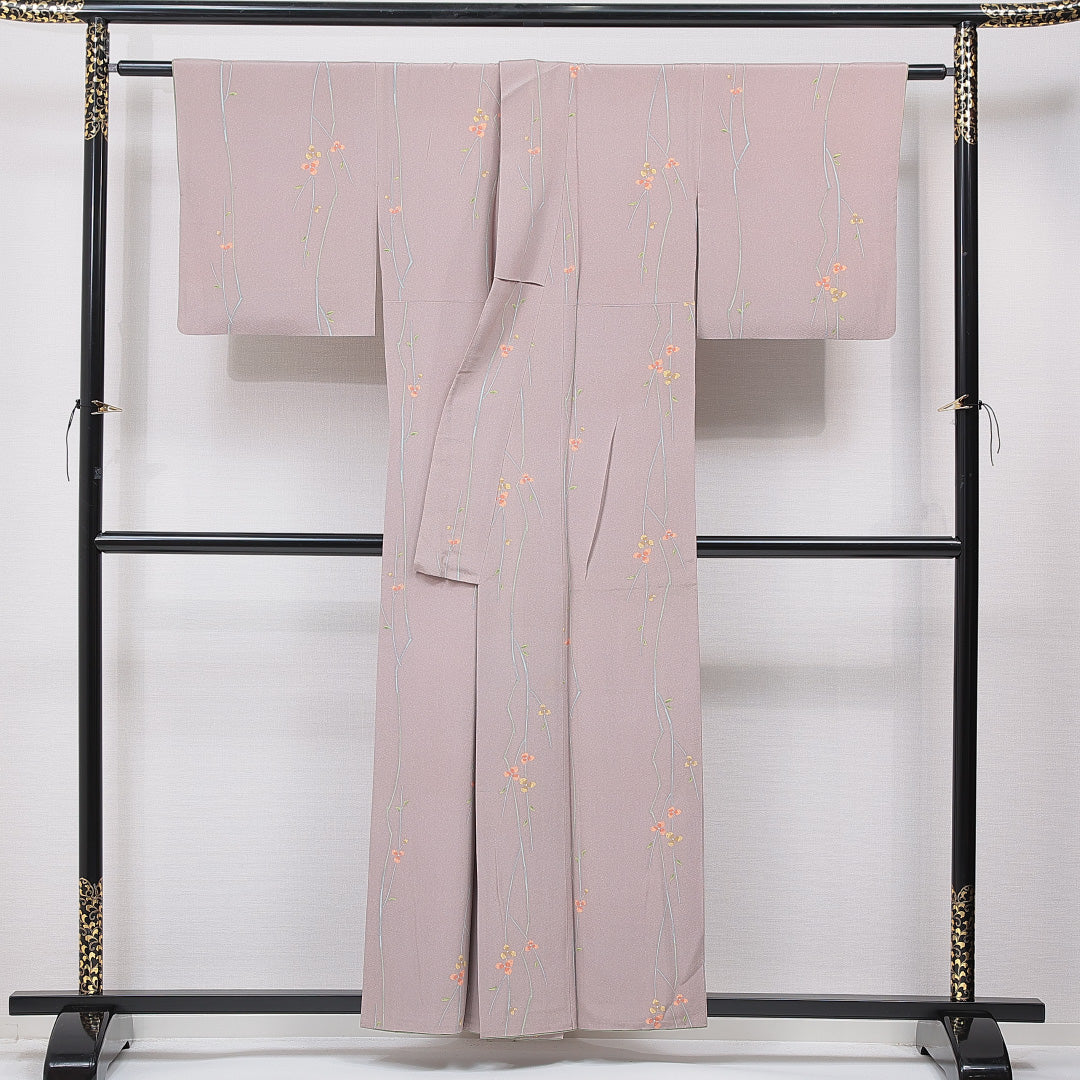 小紋 袷 身丈156cm 裄丈62cm 正絹 Sランク Mサイズ 広衿 インフォーマル 植物柄 グレー系 1215-15644