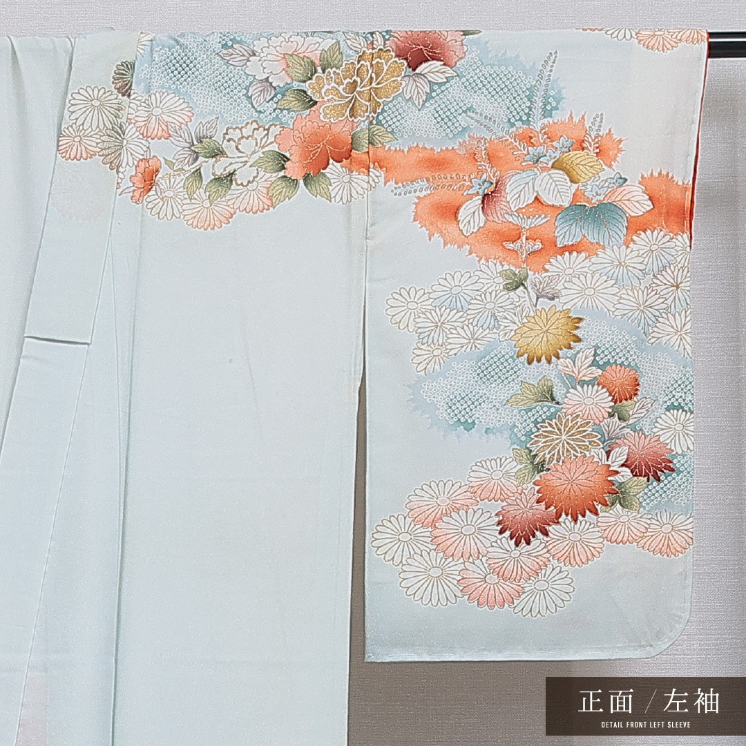 訪問着 洗える着物 袷 身丈160cm 裄丈64cm ポリエステル Cランク Lサイズ バチ衿 セミフォーマル 菊 桐 刺繍 水色系 1212-16096