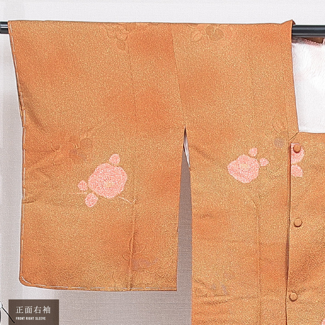 洗える着物 道行コート 袷 身丈87cm 裄丈65cm ポリエステル Sランク セミフォーマル Mサイズ ポケットあり 椿 茶系 RP 1237-16844