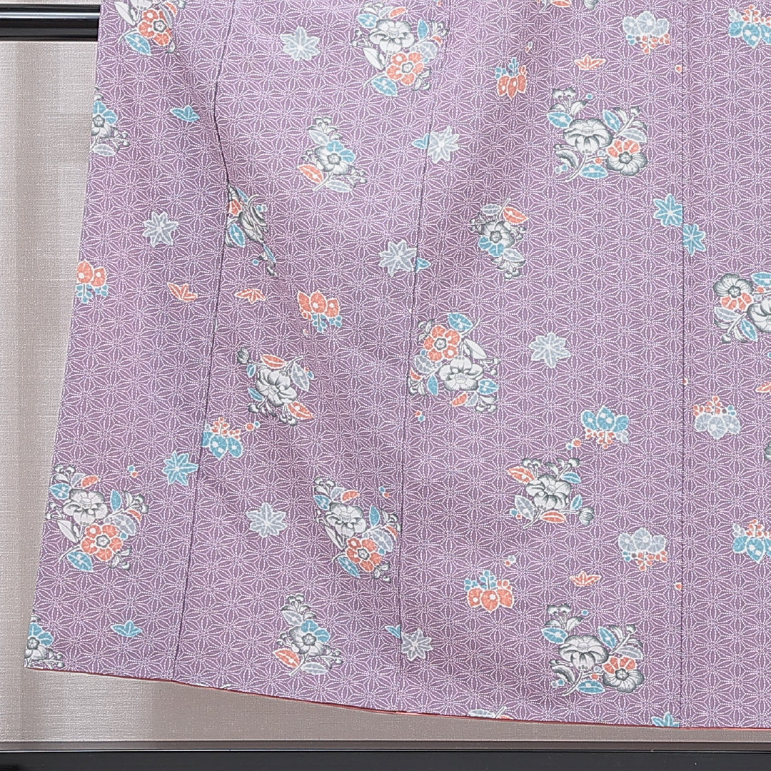 洗える着物 小紋 袷 身丈152cm 裄丈62cm ポリエステル Aランク インフォーマル 広衿 Sサイズ 椿 紫系 RP 1221-15843