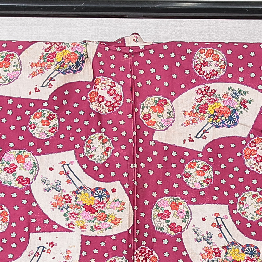 アンティーク 羽織(紬) 袷 身丈93cm 裄丈63cm 正絹 Cランク Sサイズ 後染め 扇 牡丹 紫系 1217-15324