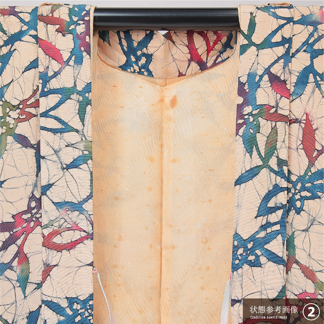 羽織 袷 身丈72cm 裄丈65cm 正絹 Aランク Mサイズ カジュアル 紐あり 植物柄 クリーム系 1217-15121