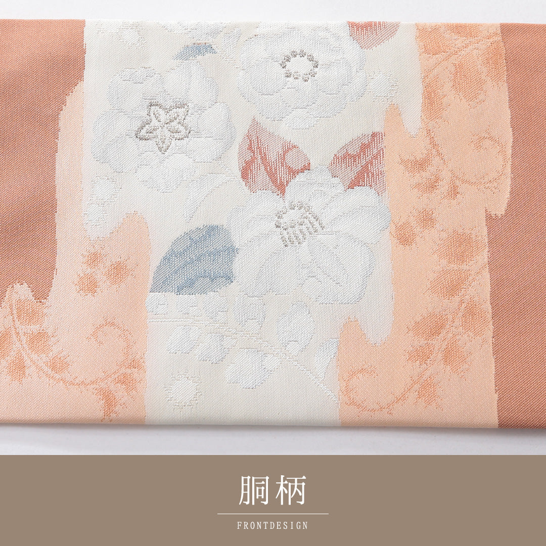 九寸名古屋帯 帯丈354cm インフォーマル 名古屋仕立て ポイント柄 Sランク 正絹 椿 ピンク系 朱系 1224-03920