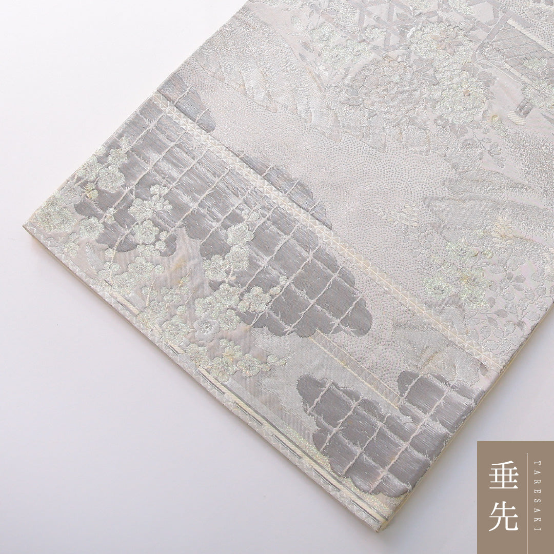 袋帯 帯丈424cm 正絹 六通 帯芯なし フォーマル 石庭 吉祥文様 クリーム系 銀系 1243-02146