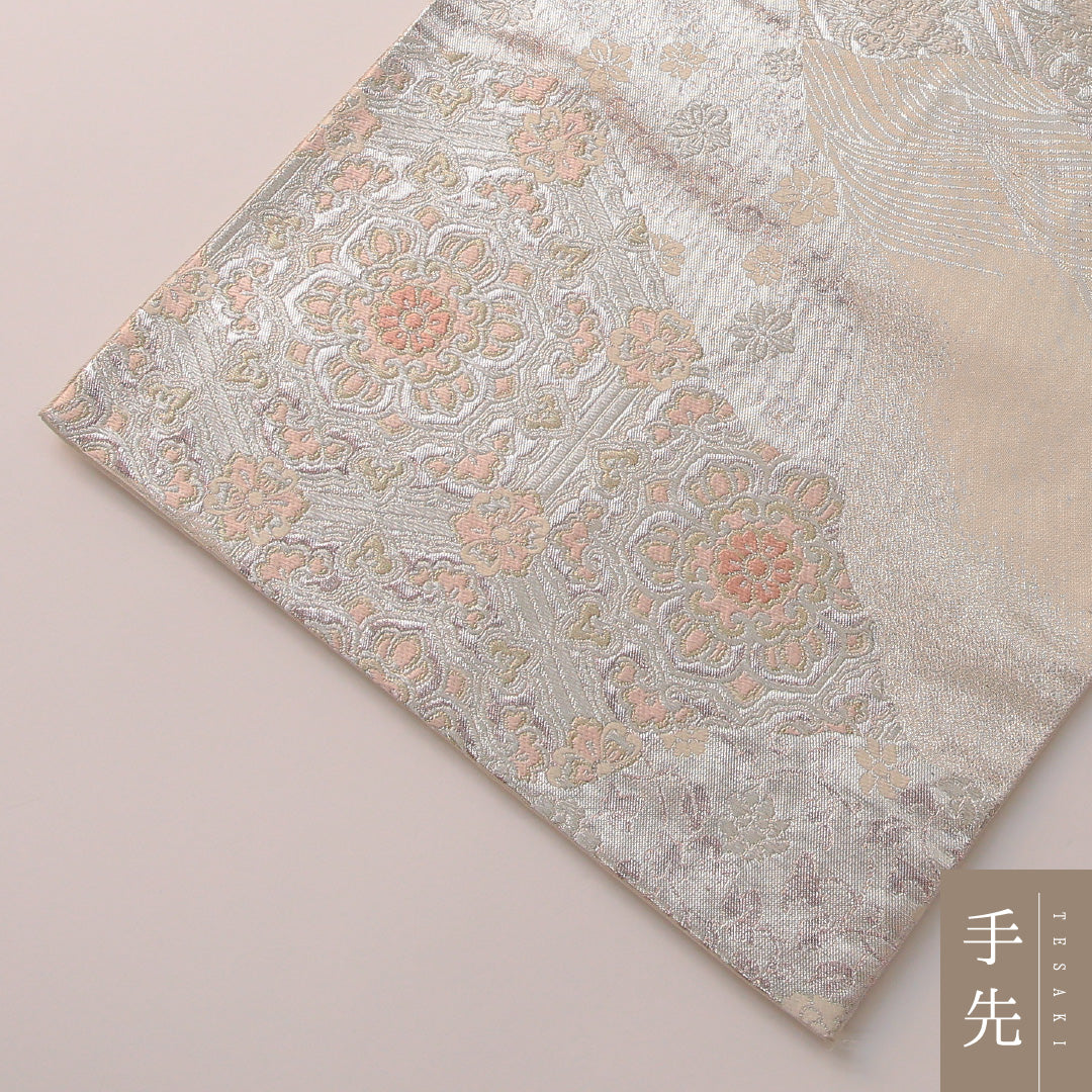 袋帯 帯丈424cm 正絹 六通 フォーマル 道長取り 菱つなぎ 白系 銀系 1243-01914