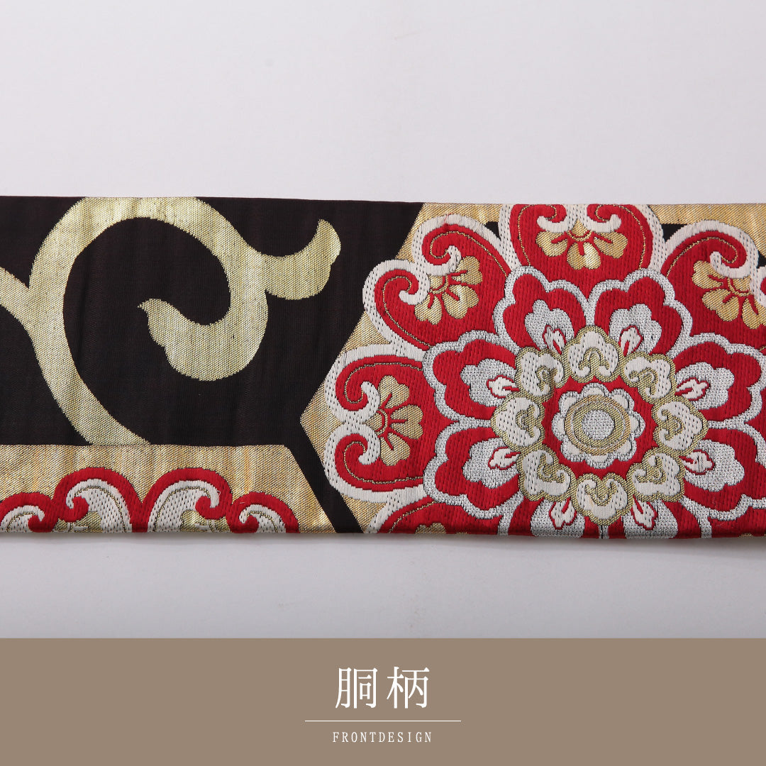 アンティーク 九寸名古屋帯 帯丈332cm セミフォーマル 名古屋仕立て 六通 Bランク 正絹 唐草 亀甲 黒系 1224-03543