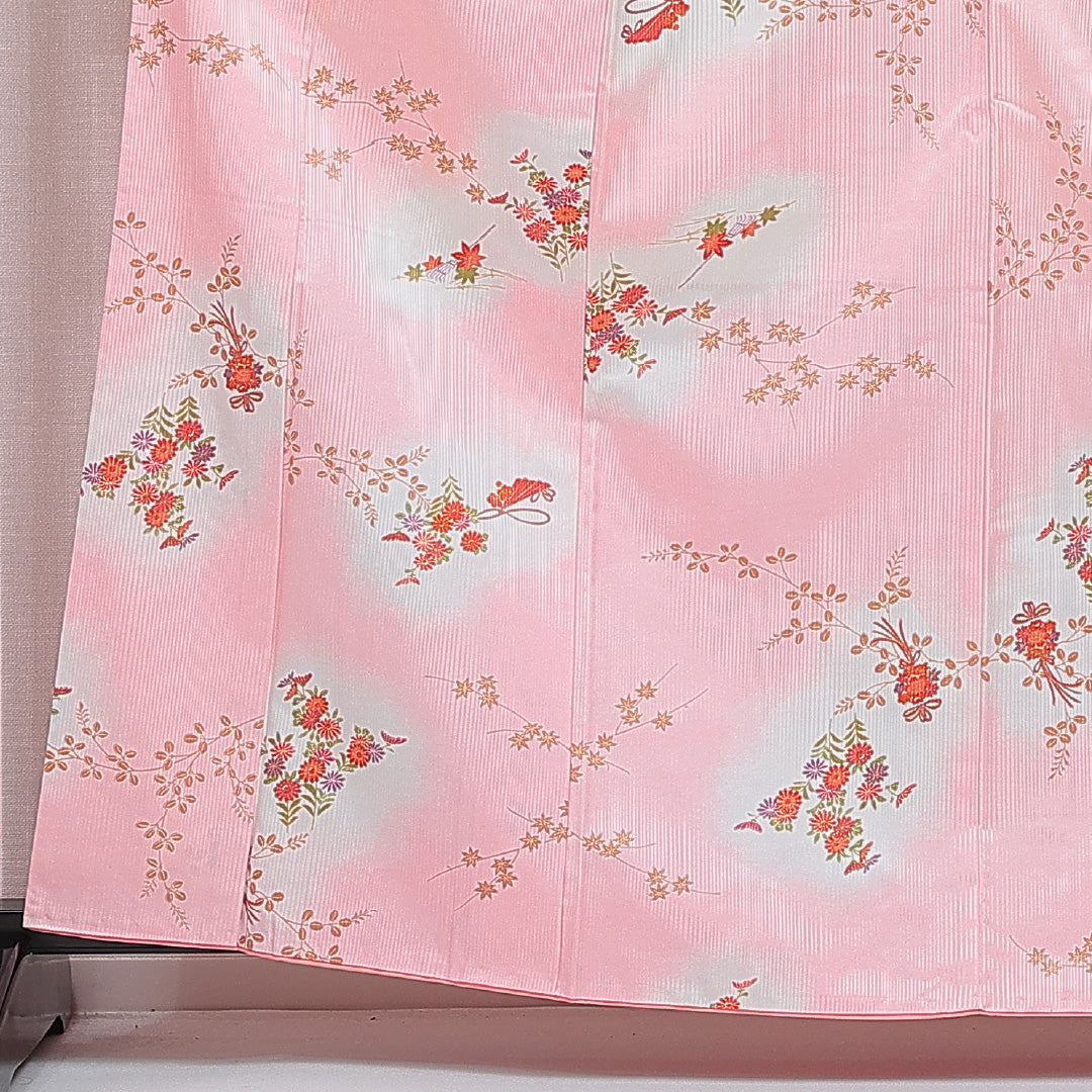 小紋 洗える着物 袷 身丈162cm 裄丈65cm ポリエステル Cランク Lサイズ 広衿 インフォーマル 菊 紅葉 ピンク系 1215-16054