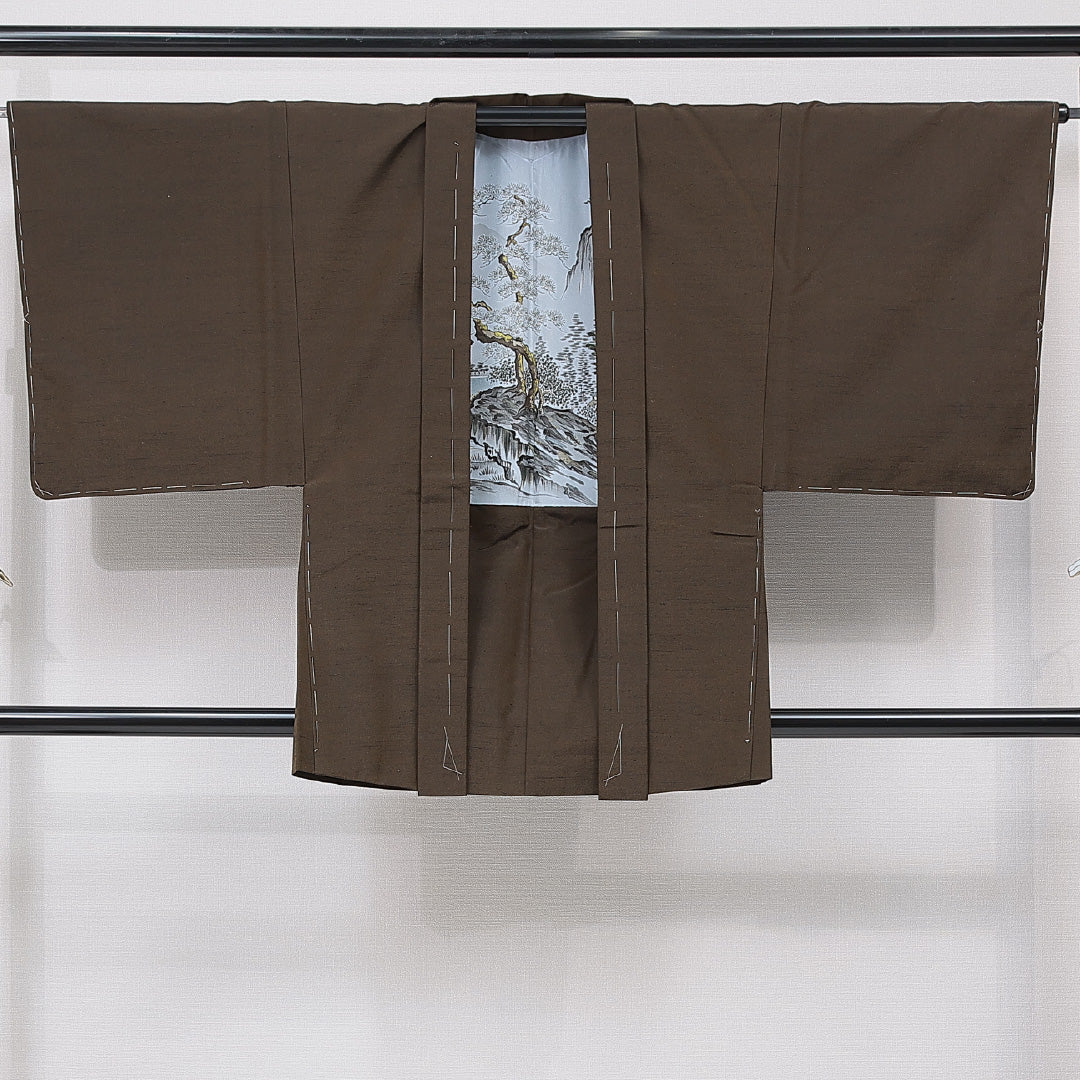 未使用品 羽織 男性用 袷 身丈87cm 裄丈68cm 正絹 Nランク カジュアル Mサイズ 無地 茶系 M4 1235-15772