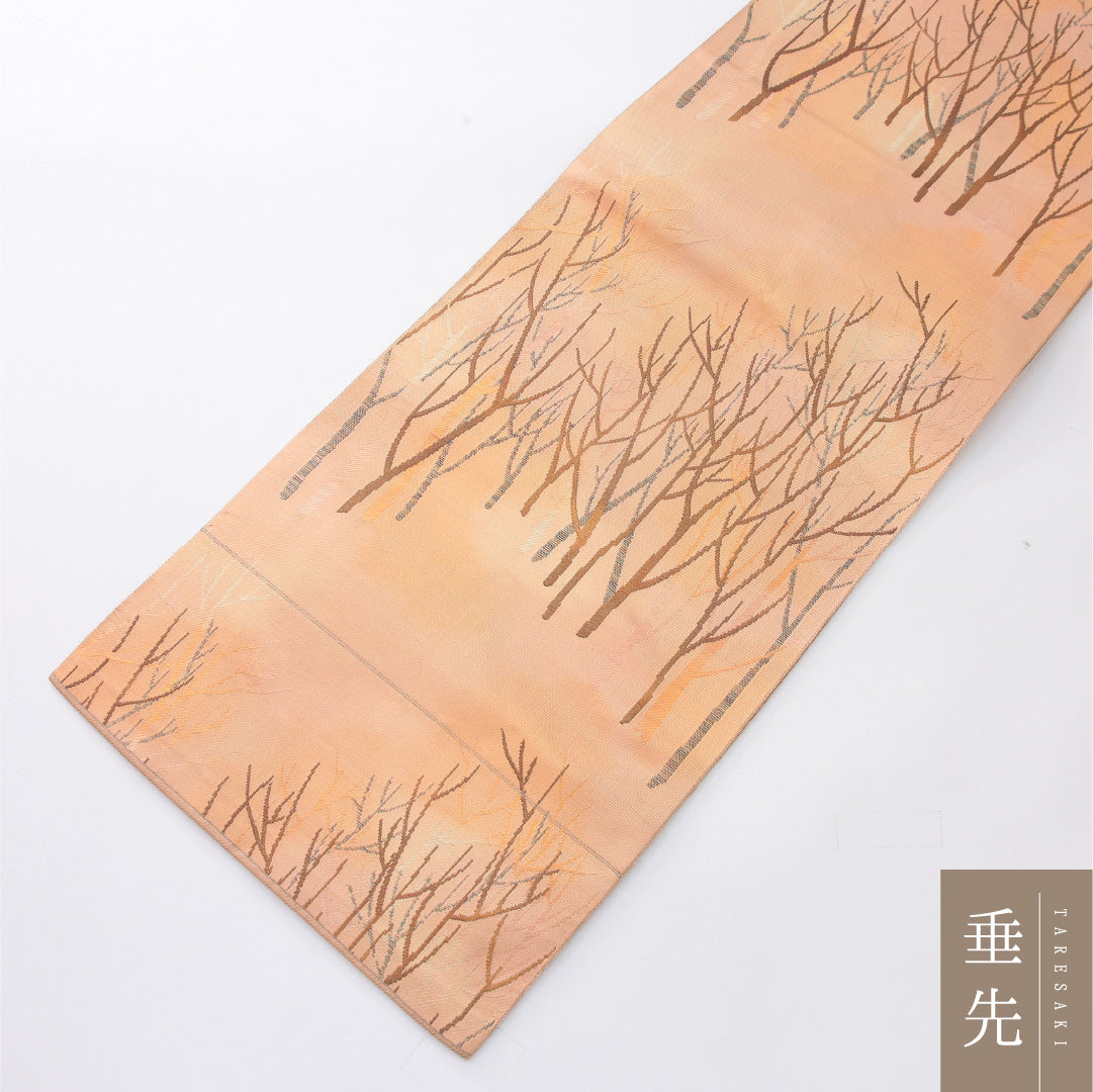 八寸名古屋帯 帯丈356cm カジュアル 開き仕立て 六通 Cランク 正絹 木立 ベージュ系 1224-04057