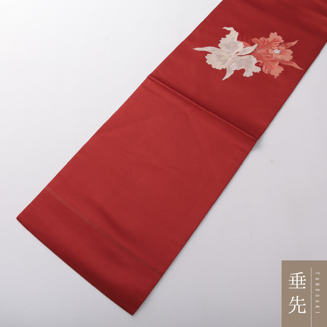 九寸名古屋帯 Sランク 帯丈348cm 正絹 ポイント柄 名古屋仕立て 織り インフォーマル 芙蓉 赤系 RP 1245-03603