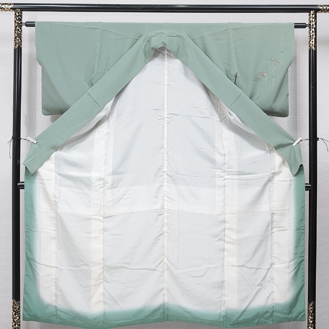 付下げ 袷 身丈153cm 裄丈60cm 正絹 Sランク Sサイズ 広衿 インフォーマル 扇 梅 蘇州刺繍 汕頭刺繡 緑系 1261-15675