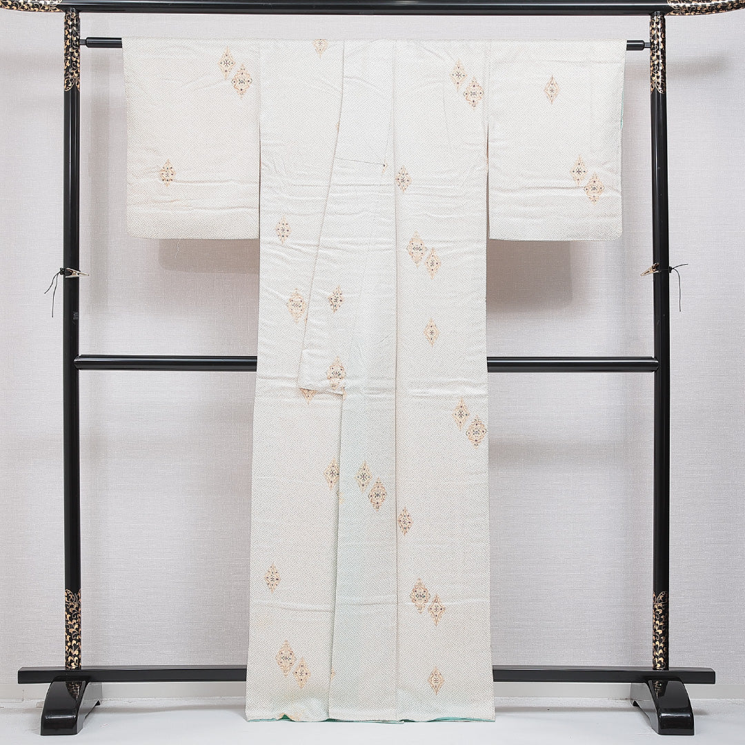 小紋 袷 身丈166cm 裄丈64cm 正絹 Cランク インフォーマル 広衿 XLサイズ 網代 創作柄 クリーム系 HP 1221-15928