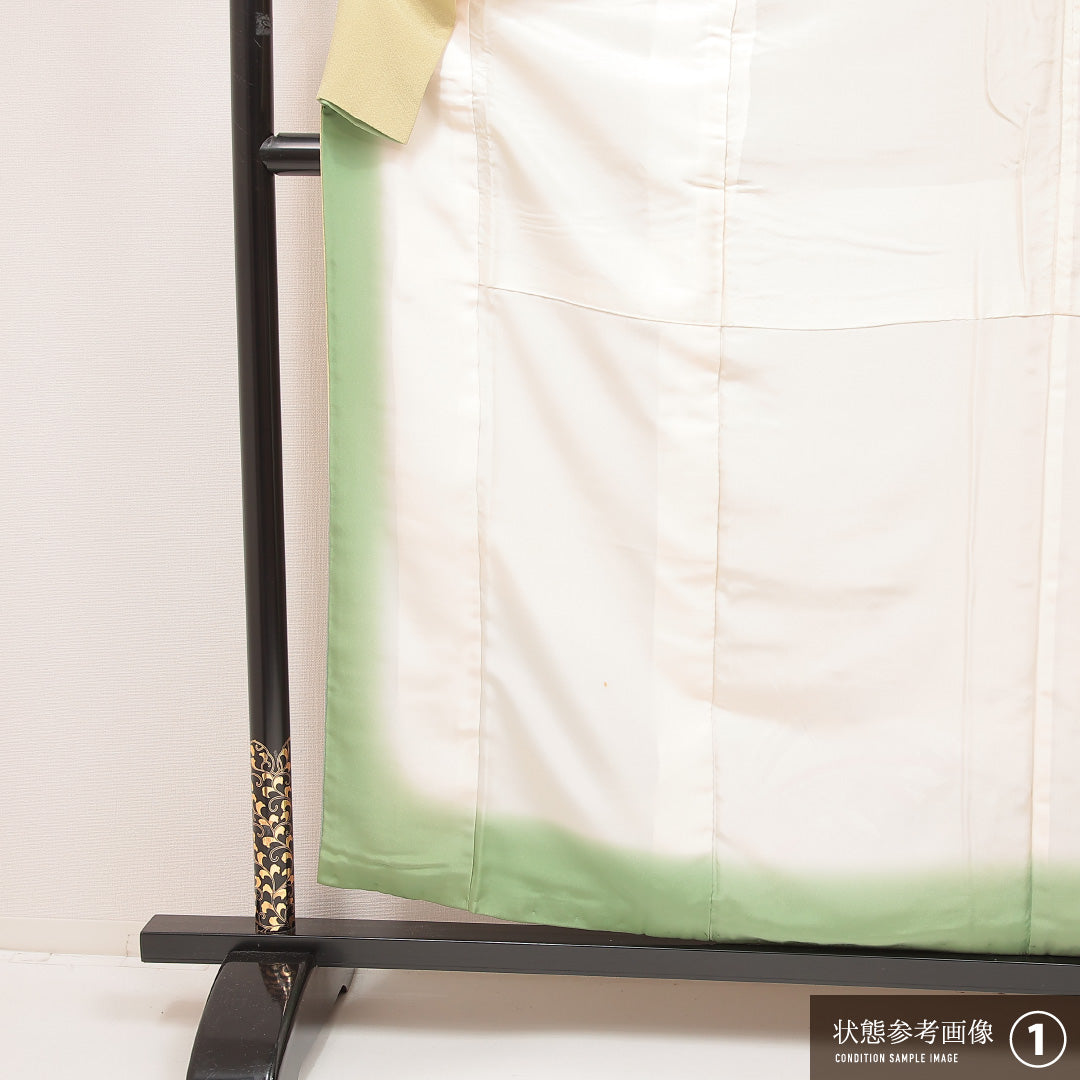 訪問着 袷 身丈159cm 裄丈65cm 正絹 Aランク Mサイズ 広衿 セミフォーマル 鶴 桜 緑系 1212-16892