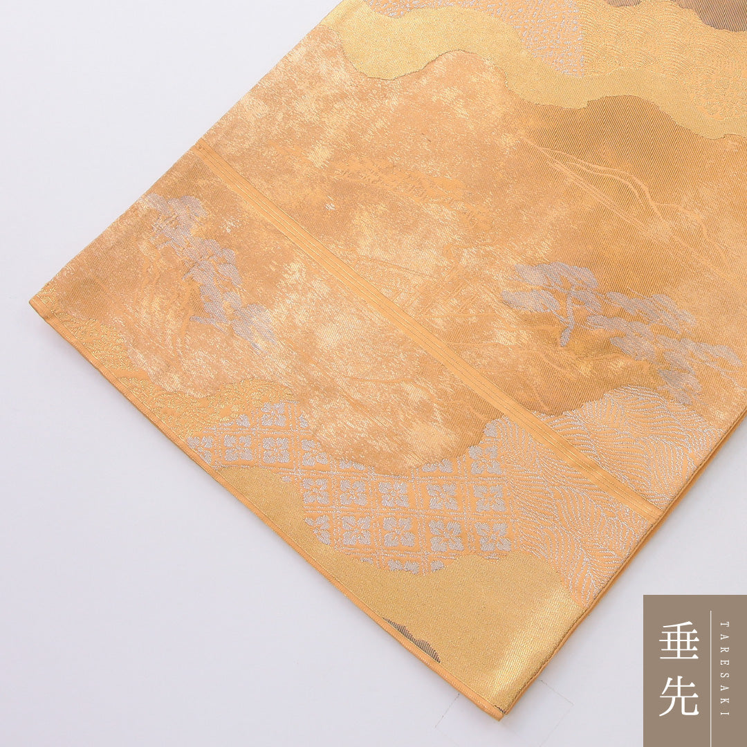 袋帯 帯丈422cm 正絹 六通 フォーマル 楼閣 道長取り 山水 朱系 クリーム系 1243-02189