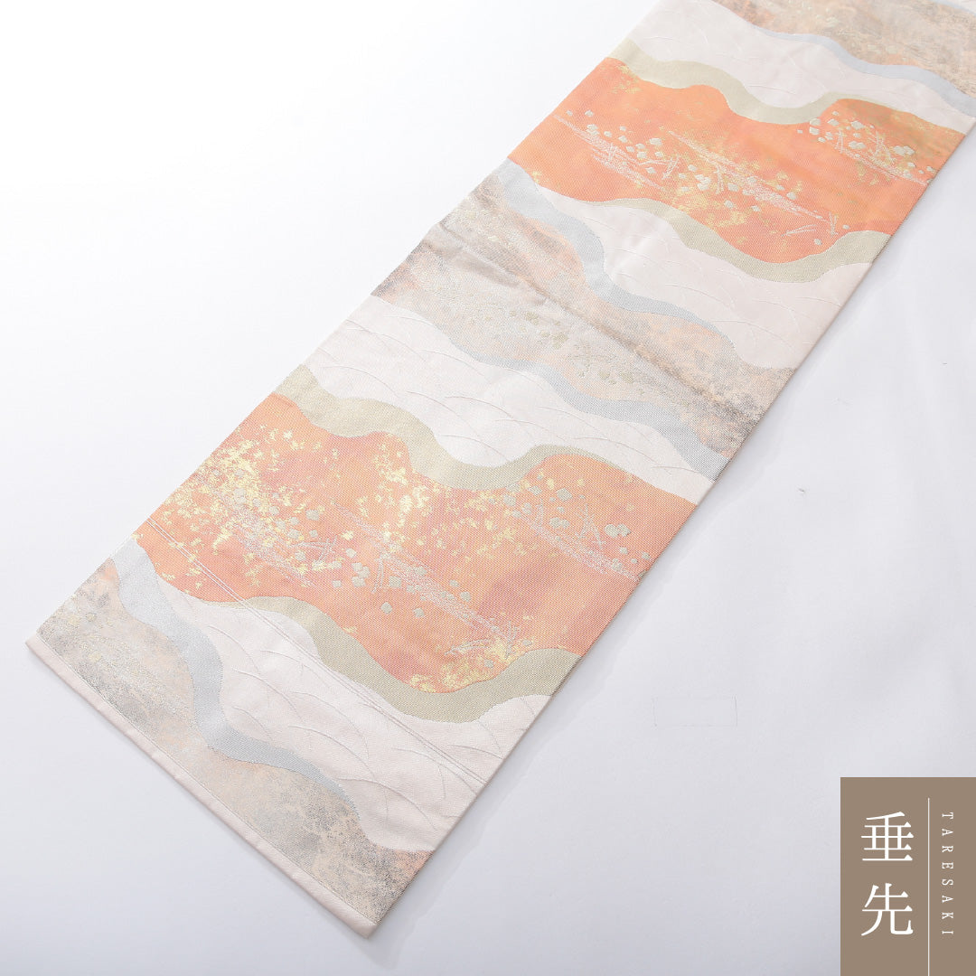 九寸名古屋帯 帯丈354cm セミフォーマル 名古屋仕立て ポイント柄 Sランク 正絹 松葉 創作柄 ベージュ系 ピンク系 1224-03900