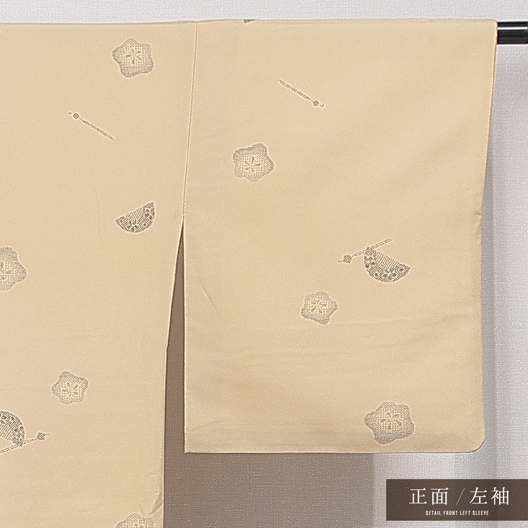 小紋 洗える着物 袷 身丈165cm 裄丈66cm ポリエステル Cランク XLサイズ 広衿 インフォーマル 簪 梅 茶系 ベージュ系 1215-15831