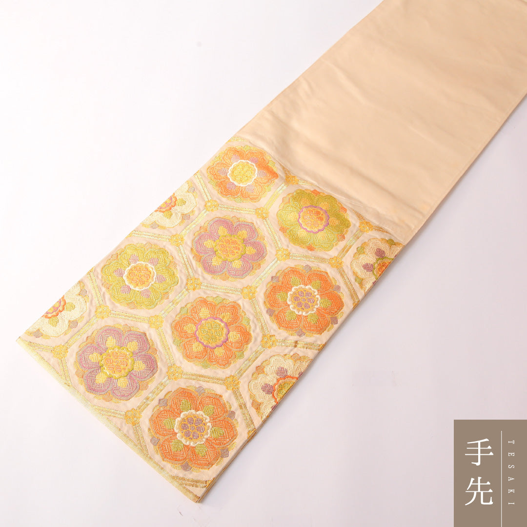 袋帯 帯丈412cm 正絹 六通 フォーマル 宝相華 亀甲 金系 1243-01764