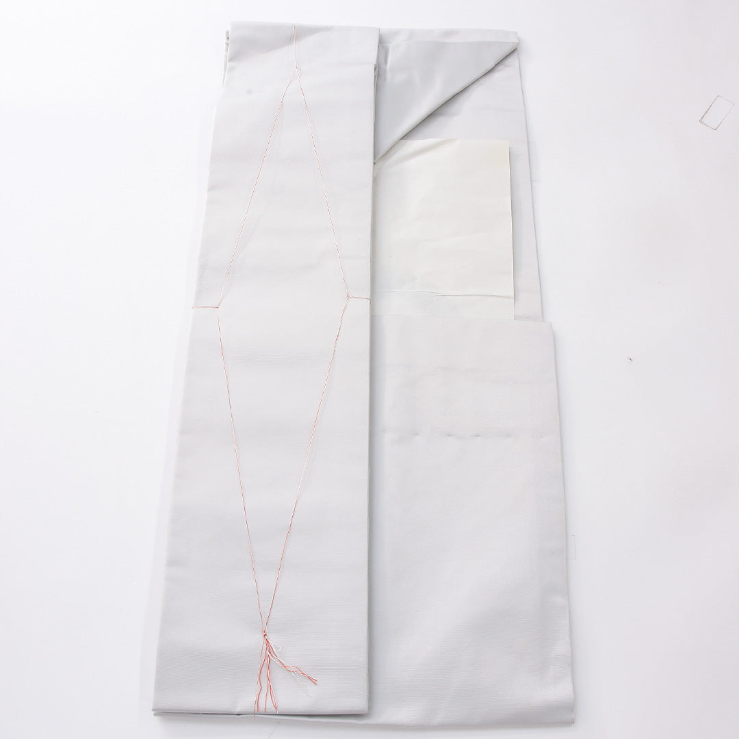 未使用品 九寸名古屋帯 Nランク 帯丈374cm 正絹 ポイント柄 名古屋仕立て 染め インフォーマル 作家物 落款 書画文様 和 グレー系 RP 1245-04141