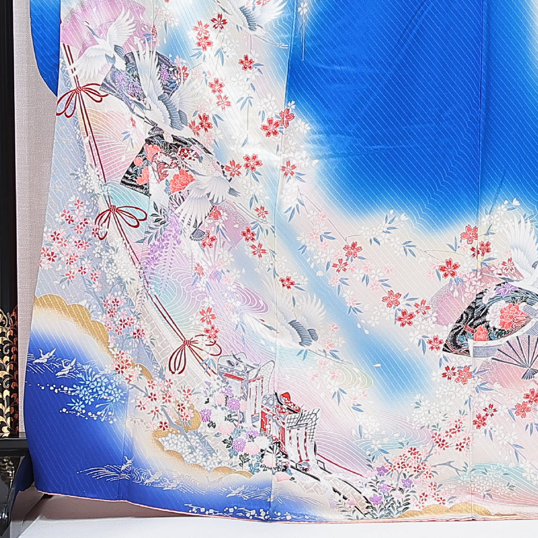 振袖 袷 身丈168cm 裄丈65cm フォーマル Cランク XLサイズ 正絹 広衿 鶴 扇 桜 1213-F0665