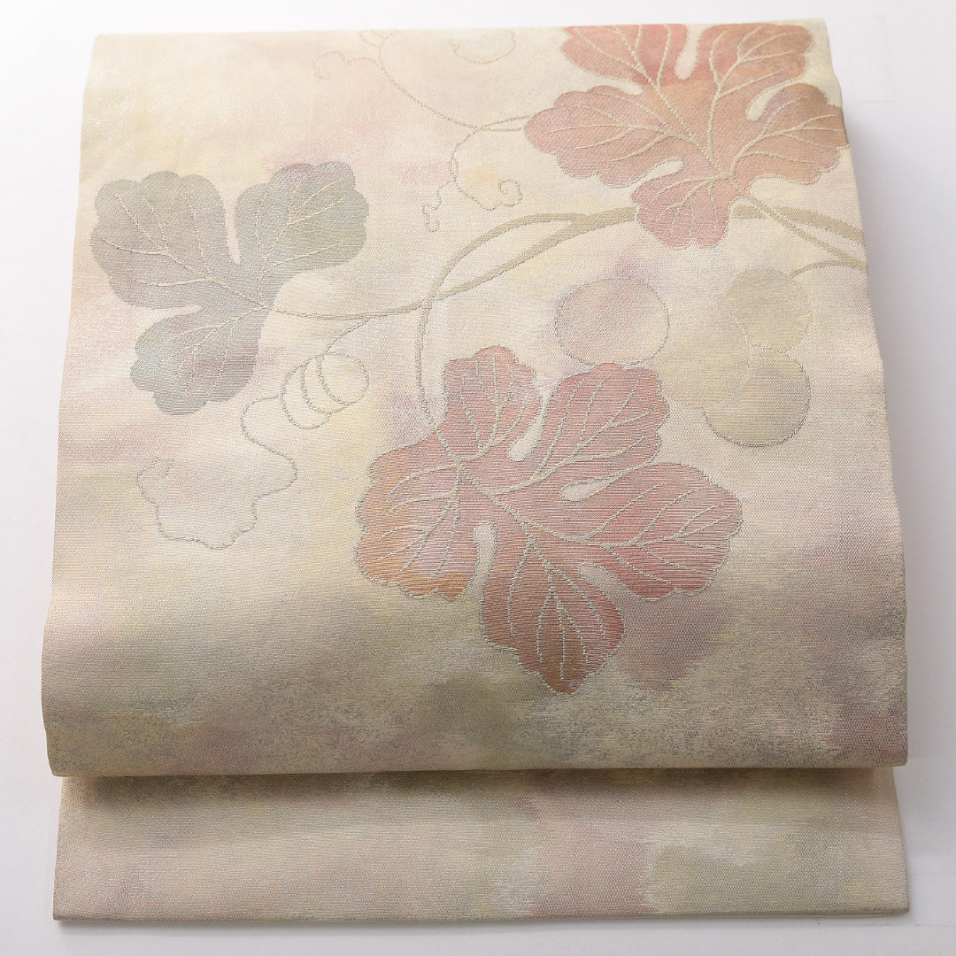 九寸名古屋帯 帯丈359cm カジュアル 名古屋仕立て 六通 Aランク 正絹 葡萄 クリーム系 1224-03824