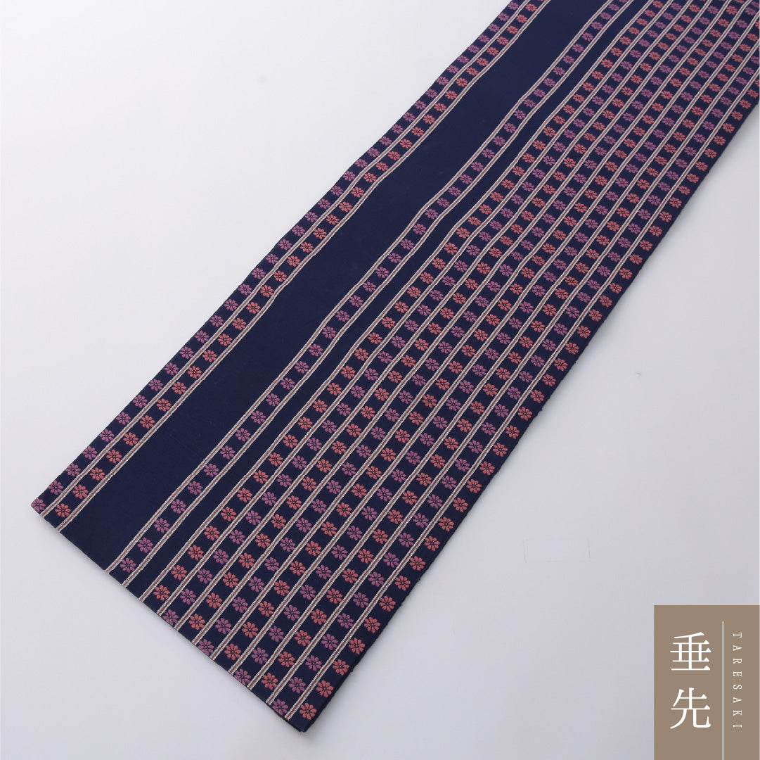 九寸名古屋帯(紬) 帯丈360cm カジュアル 開き仕立て 全通 Aランク 正絹 菊 縞 紺系 紫系 1224-03278