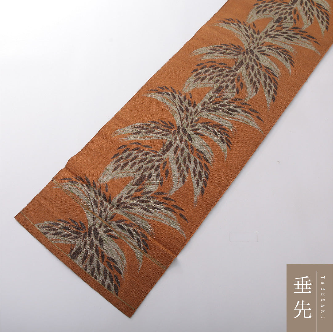 八寸名古屋帯(紬) 帯丈337cm カジュアル 松葉仕立て 六通 Cランク 正絹 竹 黄系 茶系 1224-03814