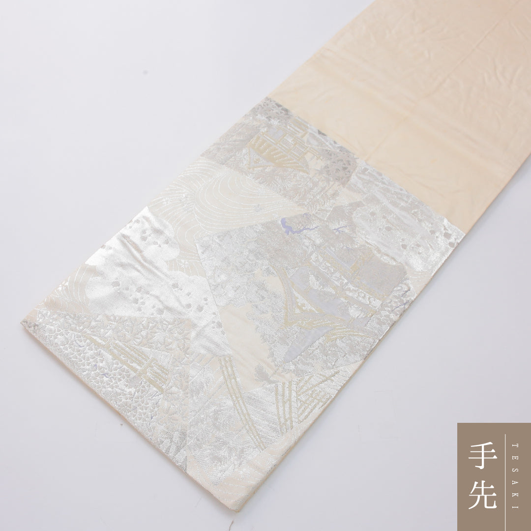 袋帯 帯丈432cm プラチナ箔二重織 フォーマル 六通 Aランク 正絹 寺社仏閣 銀系 1223-02316